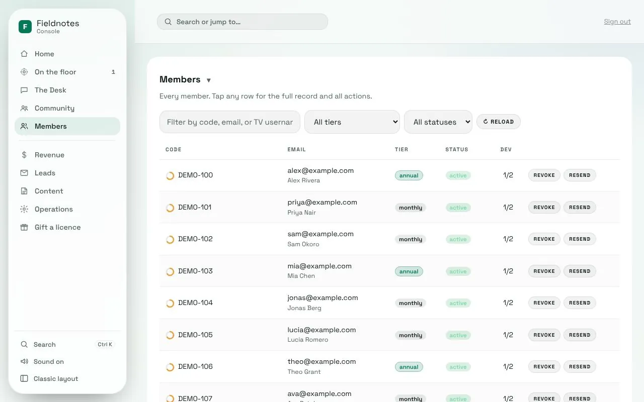 Console: members for Fieldnotes